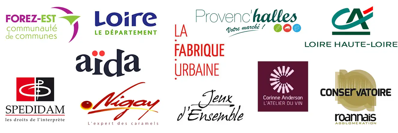 logos Forez est ; Loire le département ; Aïda ; Crédit Agricole ; Nigay caramel ; La Fabrique Urbaine ; Jeux d'ensemble ; Spedidam.